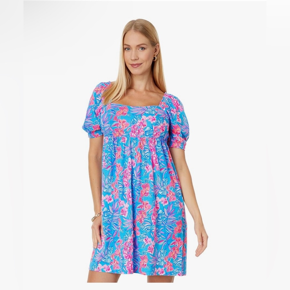 NWOT Lilly Pulitzer Delaney Floral Short Sleeve Dress in Cumulus Blue Size 6